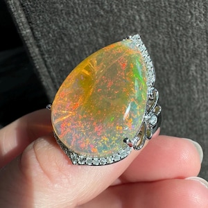 14K Solid White Gold 20.90 CT Natural Fire Opal and 0.43 Diamond Ring