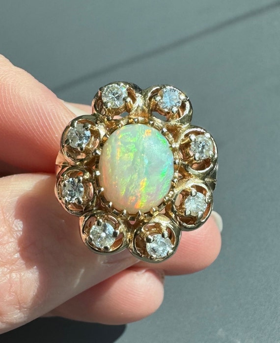 Stunning 14K Solid Yellow Gold Natural Opal and Di