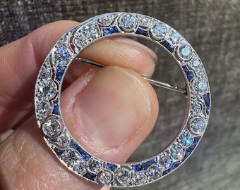 1920's Art Deco Natural Diamond and Sapphire Circle Brooch in 14k White Gold
