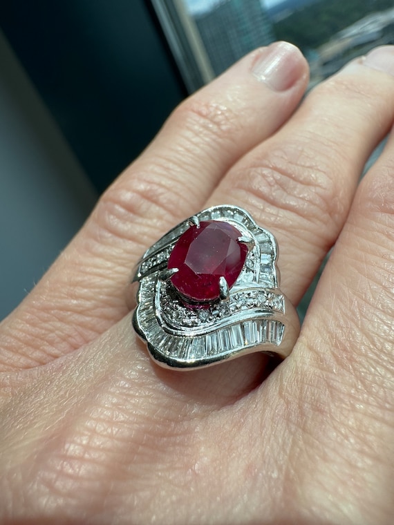 Solid Platinum Natural Ruby & Diamond Ring - image 9