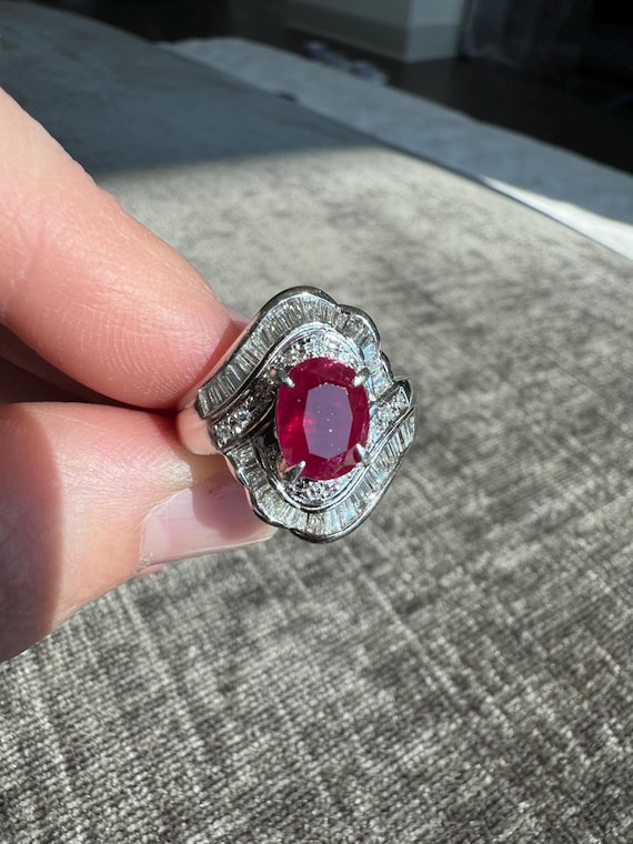 Solid Platinum Natural Ruby & Diamond Ring - image 3