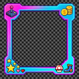 May include: Pixelated frame with a neon gradient of pink and blue. The frame features a joystick, coins, stars, hearts, a mushroom, and a boot, all in a retro video game style.