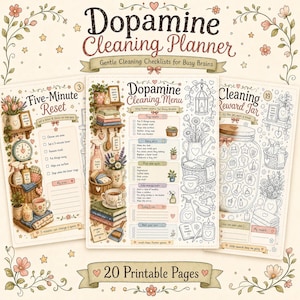 Peut inclure: Un ensemble de trois pages imprimables intitulées Dopamine Cleaning Planner, Five-Minute Reset et Cleaning Reward Jar. Les pages présentent des illustrations dessinées à la main d'objets ménagers, des motifs floraux et des listes de tâches.