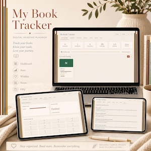 May include: A digital reading planner, "My Book Tracker," displayed on a laptop and two tablets. The screens show the app's interface, including book tracking, stats, and a wishlist. The image includes text: "Track your books. Know your reads. Love your journey."