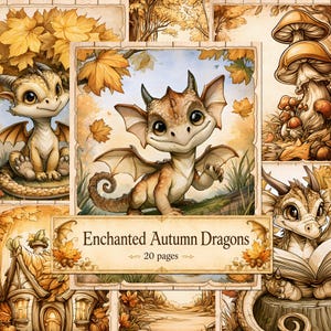 May include: A collection of 20 pages titled Enchanted Autumn Dragons featuring illustrations of small dragons in autumn settings with maple leaves, mushrooms, and woodland scenes in shades of orange, yellow, and brown with a vintage paper texture.