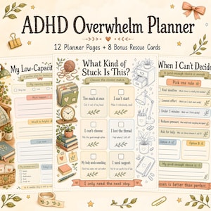 Puede incluir: Un conjunto de planificador ADHD Overwhelm con 12 páginas y 8 tarjetas extra. La página central titulada What Kind of Stuck Is This? incluye casillas de verificación para tareas, ilustraciones de material de oficina, plantas y un reloj.
