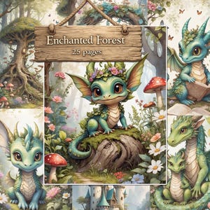 May include: Digital art featuring a whimsical enchanted forest scene. A wooden sign reads "Enchanted Forest, 25 pages." Adorable cartoon dragons in shades of green and blue are surrounded by flowers and mushrooms. The artwork has a soft, pastel color palette.