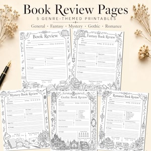 May include: Five black and white printable book review pages with the titles Book Review, Fantasy Book Review, Mystery Book Review, Gothic Book Review, and Romance Book Review. Each page features themed line art borders and structured writing prompts.