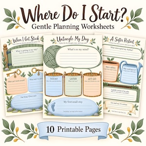 Peut inclure: Un ensemble de 10 feuilles de planification imprimables intitulées Where Do I Start? Gentle Planning Worksheets. Les pages présentent des illustrations de portails de jardin, clés, pelotes de laine, paniers, pots et arrosoirs avec des lignes.