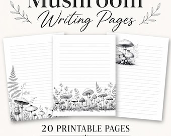 Mushroom Writing Pages Printable Lined and Blank — Black and White Botanical Stationery