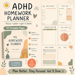May include: An ADHD homework planner with 22 printable pages featuring a spiral-bound cover, weekly and daily planning sheets, assignment trackers, focus session tools, project planners, and note pages in a muted palette of sage green and tan.
