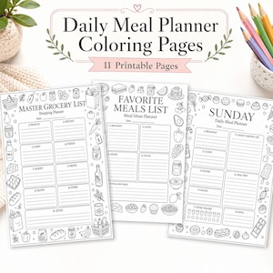May include: Black and white printable daily meal planner coloring pages. The pages include a master grocery list, favorite meals list, and a Sunday meal planner. The pages have illustrated borders and sections for notes and meal planning.