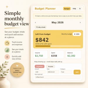 May include: A digital budget planner interface displayed on a screen, featuring a monthly view for May 2026. The layout includes sections for income, expenses, and balance, with a highlighted box showing $842 left from a $1200 monthly budget.