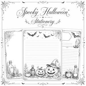 May include: Three sheets of lined stationery featuring black and white ink illustrations of Halloween motifs including jack-o'-lanterns, bats, spiderwebs, candles, potion bottles, and a cauldron. The text Spooky Halloween Stationery is at the top.