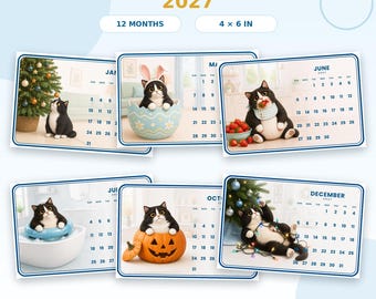 Peut inclure: Un calendrier 2027 de chats amusants composé de 12 cartes mensuelles mesurant 10,16 par 15,24 cm. Chaque carte présente un chat noir et blanc dans diverses scènes saisonnières, incluant un sapin de Noël, un œuf de Pâques, une citrouille et une baignoire.
