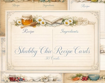 Tarjetas de recetas imprimibles con estilo shabby chic para tu colección de recetas familiares.