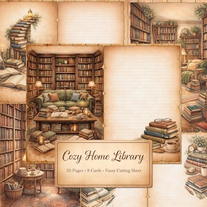 May include: A collage featuring a cozy home library theme. The image includes illustrations of bookshelves, stacks of books, a sofa, and a coffee table. The text "Cozy Home Library" is displayed on a sign, along with details about the product.