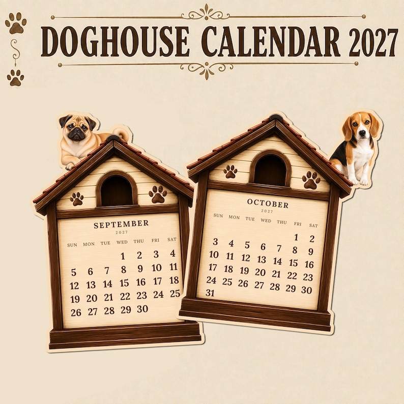 May include: A 2027 wall calendar titled DOGHOUSE CALENDAR 2027 featuring two doghouse-shaped pages for September and October. The September page shows a pug, and the October page shows a beagle. Both pages display the month, year, and dates.
