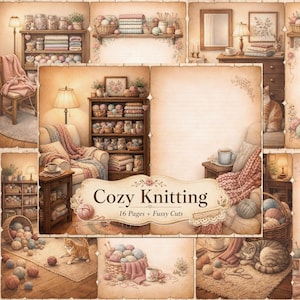 Może przedstawiać: Przytulna ilustracja wnętrza z akcesoriami do robienia na drutach. Obraz przedstawia wygodny fotel, półki wypełnione przędzą i tekst "Cozy Knitting". Paleta kolorów obejmuje miękkie brązy, kremy i pastelowe odcienie.