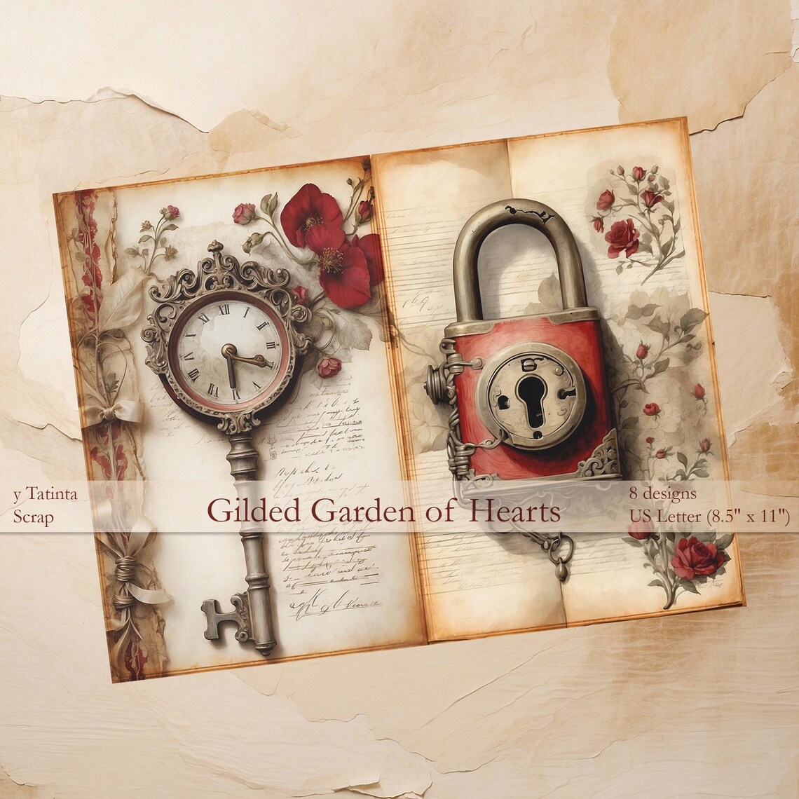Vintage Valentine Digital Paper for Junk Journals - Heart Rose Ephemera ...