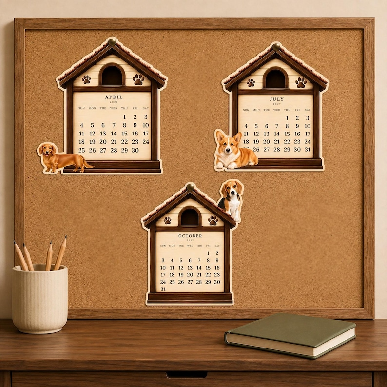 May include: Three dog house-shaped calendar cutouts for April, July, and October 2023, featuring a dachshund, a corgi, and a beagle. The calendars are displayed on a rectangular cork board with a wooden frame, alongside a cup of pencils and a notebook.