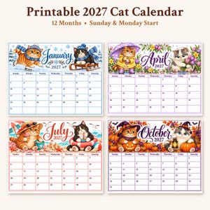 May include: A printable 2027 cat calendar featuring 12 months with Sunday and Monday start options. The display shows four monthly pages for January, April, July, and October, each illustrated with colorful cats in seasonal themes.