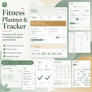 May include: An interactive digital fitness planner and tracker interface displayed on a light green and beige background. The layout includes a dashboard, workout logs, a progress calendar, goal tracking, a meal planner, and a habit tracker.