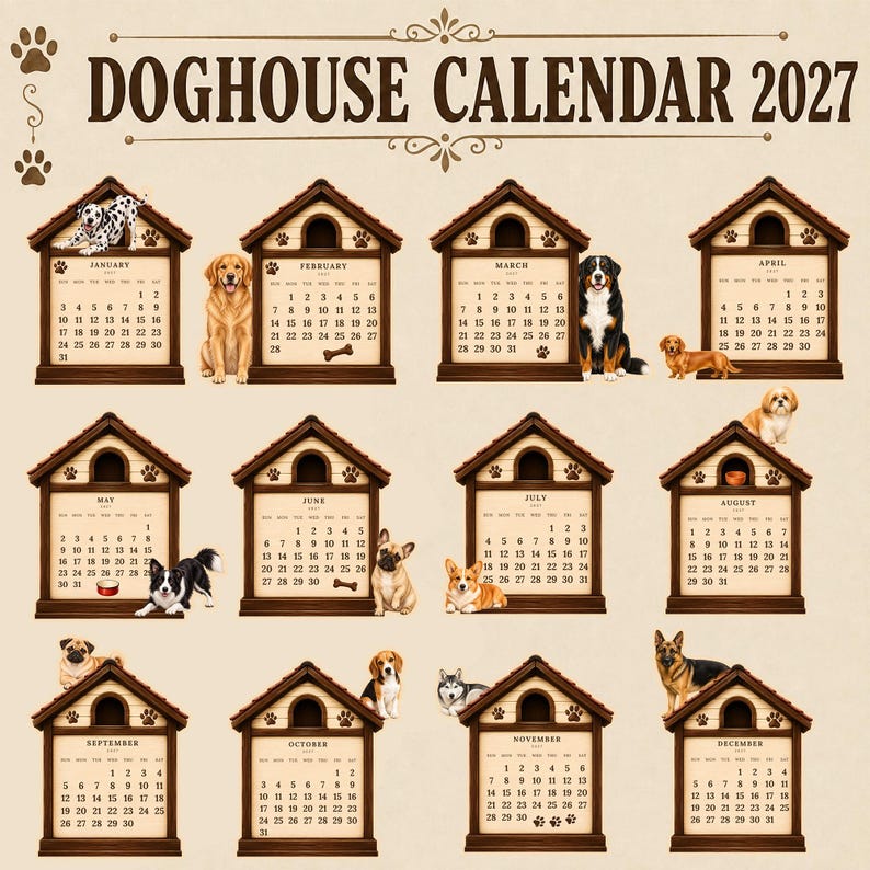 May include: A 2027 wall calendar titled DOGHOUSE CALENDAR 2027 featuring twelve individual monthly grids. Each month is displayed within a brown wooden doghouse illustration, accompanied by various dog breeds including a Dalmatian, Golden Retriever, and German Shepherd.