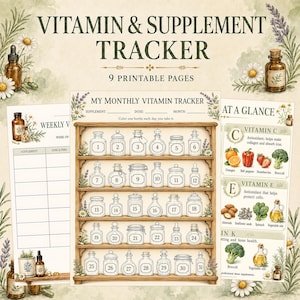 Puede incluir: Un conjunto de seguimiento de vitaminas y suplementos imprimible que incluye un rastreador mensual con 31 frascos numerados en estantes de madera, un registro semanal y una guía visual con ilustraciones de frutas, verduras y frutos secos, decorado con flores.