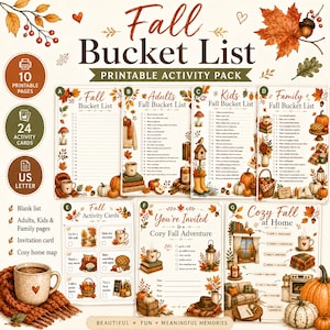 May include: A printable Fall Bucket List activity pack featuring ten pages and twenty-four cards. The collection includes lists for adults, kids, and families, plus activity cards, an invitation, and a cozy home map, all decorated with autumn leaves.