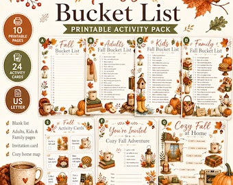 Puede incluir: Un paquete de actividades imprimible Fall Bucket List con diez páginas y veinticuatro tarjetas. La colección incluye listas para adultos, niños y familias, además de tarjetas de actividades, una invitación y un mapa de hogar acogedor.