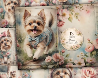 May include: A digital collage featuring Yorkshire Terriers in various poses, adorned with floral accents and a vintage aesthetic. The image includes a central dog wearing a blue outfit and a bow tie, with the text "13 Pages Yorkie Journal Kit".