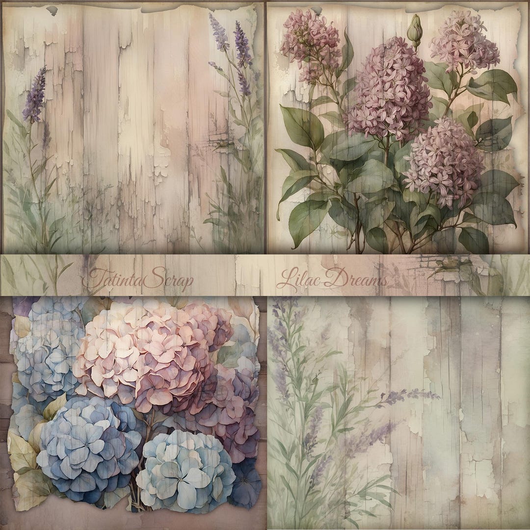 Lilac Dreams Digital Paper Pack - 10 Vintage Floral Backgrounds, Junk ...