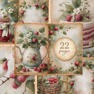 Op de afbeelding: Een digitale collage in vintage stijl met frambozen, witte bloemen en een theepot. De afbeelding bevat een pot jam, een vogel en een mand met bessen. De tekst "22 pagina's" wordt weergegeven in een cirkelvormig kader. Het kleurenpalet is zacht en pastel.