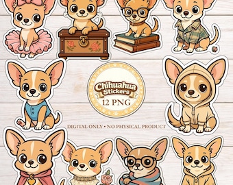 Chihuahua Sticker Pack | Dressed Dog PNG Stickers | 12 Printable Digital Download