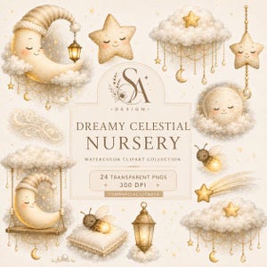 Op de afbeelding: Waterverf clipart collectie met dromerige hemelse nursery elementen. Bevat een maan met een lantaarn, sterren, wolken, een vallende ster en een vuurvlieg. De tekst luidt "Dreamy Celestial Nursery".