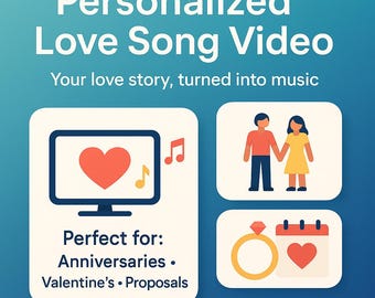 May include: A graphic promoting a personalized love song video service. The image features a computer screen with a heart, musical notes, a couple holding hands, a ring, and a calendar. Text includes "Personalized Love Song Video" and "Your love story, turned into music."