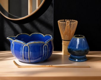 Cobalt Blue Lotus Matcha Bowl Set with Spout, Gold Rim Flower Shaped Chawan, Deep Blue Ceramic Tea Kit, Elegant Gift for Mom, Luxury Pottery
