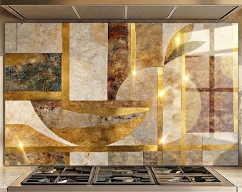 Abstract Gold Glass Backsplash, Modern Geometric Kitchen Wall Art, Luxury Stove Panel