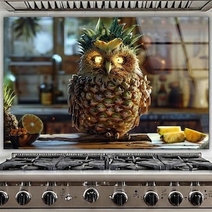 Salpicadero de vidrio con forma de búho de piña, arte de pared de cocina caprichoso, panel de cocina de fantasía
