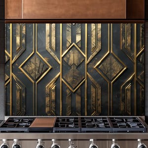 Panel de cocina Art Déco de vidrio templado resistente al calor, color negro y dorado.