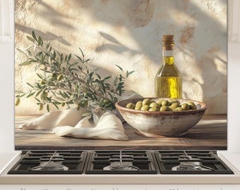 Olive Oil Still Life Glass Backsplash, Mediterranean Kitchen Wall Panel Decor