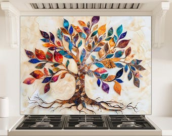 Tree of Life Glass Backsplash, Colorful Modern Kitchen Stove Splashback Art