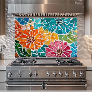 Colorful Floral Mosaic Glass Backsplash, Kitchen Stove Wall Panel Art