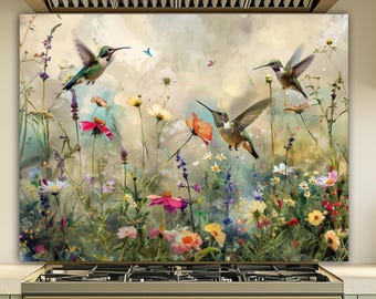 Hummingbird Glass Backsplash, Floral Nature Kitchen Wall Panel, Tempered Glass Art