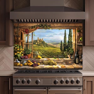 May include: A kitchen splashback with a painting of a Tuscan vineyard scene. The artwork shows a window view with grapes, lemons, and a distant castle. The scene is framed by a wooden window and a red and white striped curtain.