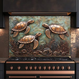 May include: A bronze metal backsplash depicting three sea turtles above coral and waves. The backsplash is mounted above a black stove with copper accents, creating a coastal kitchen theme. The measurements are in cm.