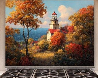 Autumn Lighthouse Glass Backsplash, Coastal Fall Kitchen Wall Art, Stove Splash