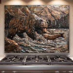 Copper Bear Glass Backsplash, Wildlife Mountain Kitchen Splashback, Rustic Luxury Art