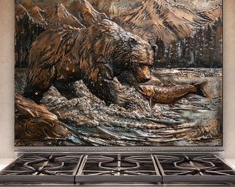 Copper Bear Glass Backsplash, Wildlife Mountain Kitchen Splashback, Rustic Luxury Art